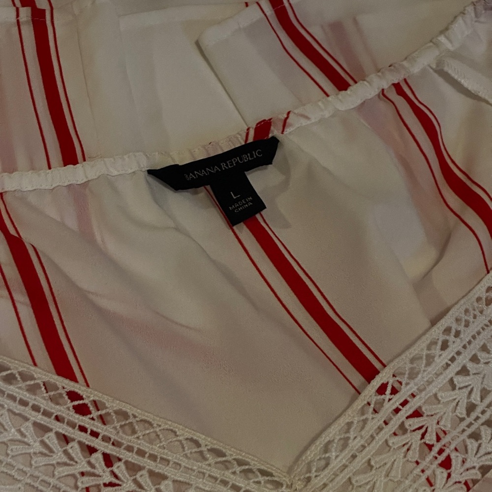 Banana Republic Semi-Sheer White Blouse with Red Stripes and Crochet Trim - Picture 5 of 9